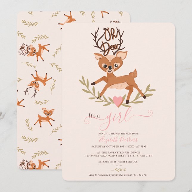 Invitation Jolie feuille de bois blanc oh baby shower de cerf (Devant / Derrière)