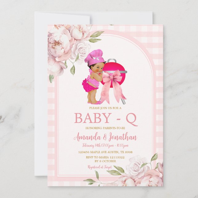 Invitation Jolie fille africaine BBQ Rose En vichy Baby showe (Devant)