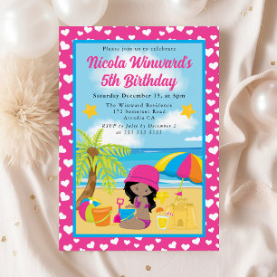 Invitation Jolie Fille Afro-Américaine Plage Enfants Annivers