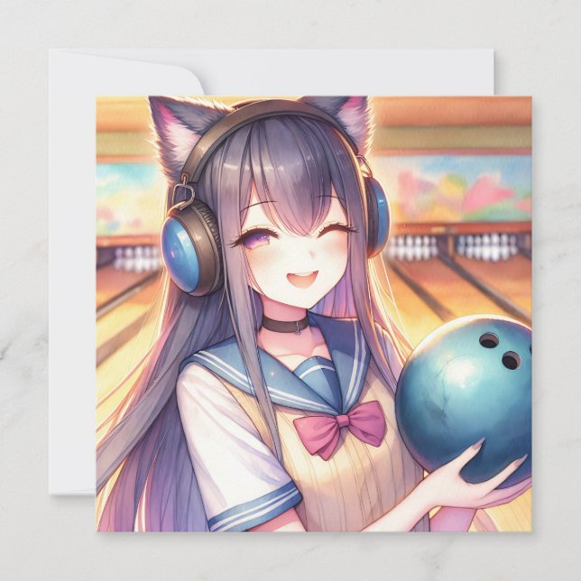 Invitation Jolie fille Anime à Bowling fête d'anniversaire (Devant)