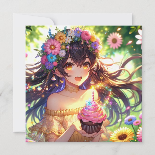 Invitation Jolie fille Anime avec Cupcake Anniversaire (Devant)