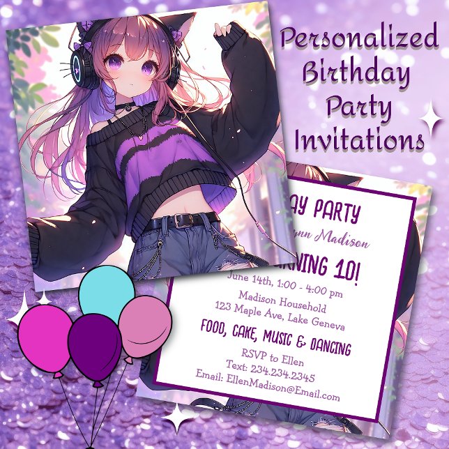 Invitation Jolie fille Anime dans les casques Fête d'annivers (Créateur téléchargé)