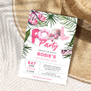 Invitation Jolie Fille Anniversaire Fête Piscine Rose