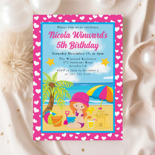 Invitation Jolie Fille aux Cheveux Rouges Plage Enfants Anniv