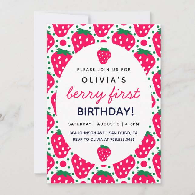 Invitation Jolie fille aux fraises Fête du 1er anniversaire   (Devant)