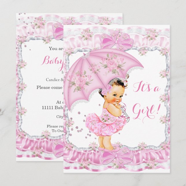 Invitation Jolie fille Baby shower Floral rose Brunette (Devant / Derrière)