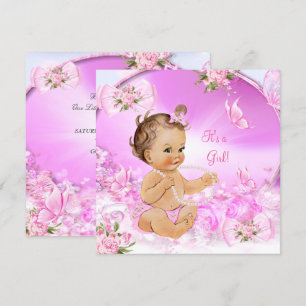 Invitation Jolie fille Baby shower papillon rose Brunette LT