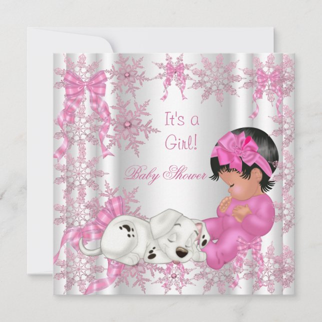 Invitation Jolie fille Baby shower Pretty Snowflakes rose (Devant)