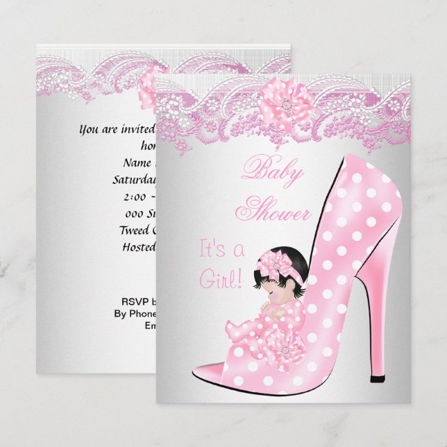 Invitation Jolie fille Baby shower rose bébé dentelle de chau (Devant / Derrière)