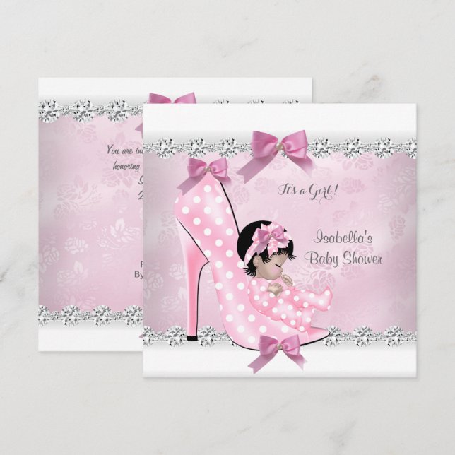 Invitation Jolie fille Baby shower rose diamant haut talon D (Devant / Derrière)
