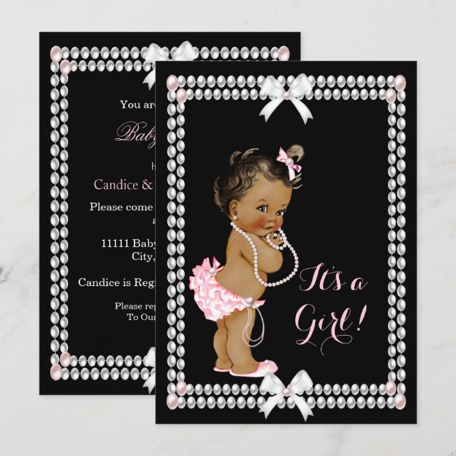 Invitation Jolie fille Baby shower rose perles Noir Ethnique (Devant / Derrière)