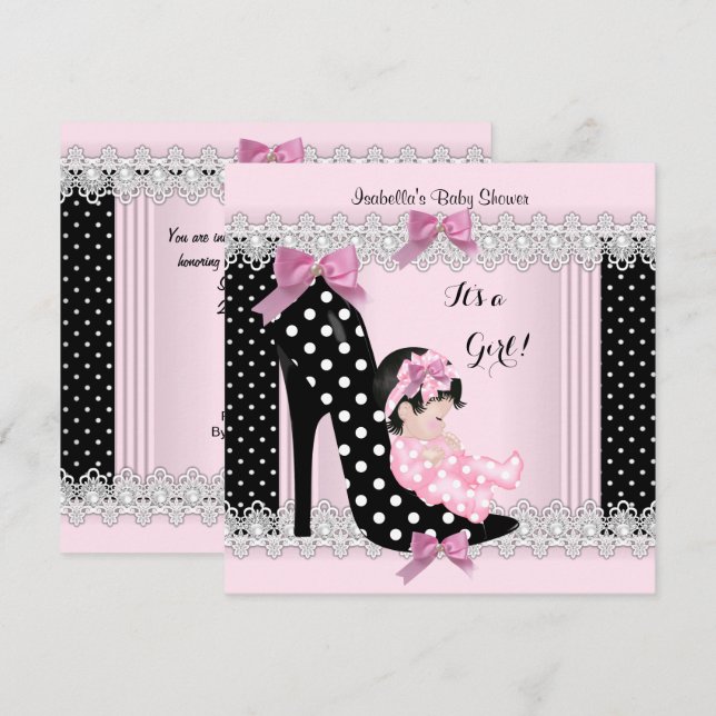 Invitation Jolie fille Baby shower rose Pois haut talon 6a (Devant / Derrière)