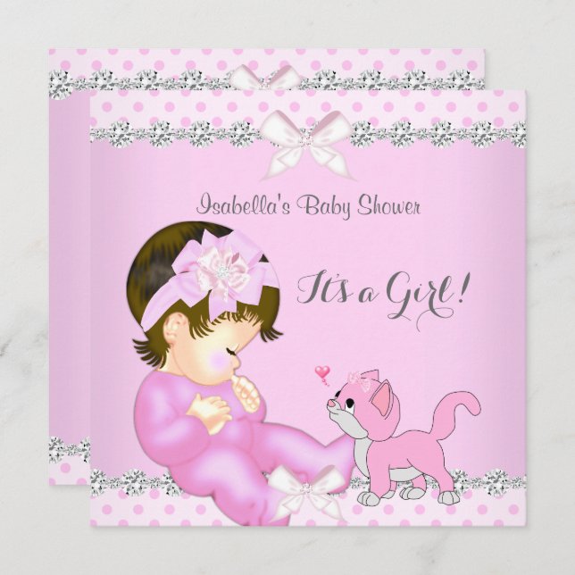 Invitation Jolie fille Baby shower rose Poka Dot Kitten 2 (Devant / Derrière)