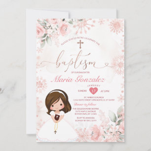 Invitation Jolie Fille Baptême Floral Flocon de Neige Rose Go