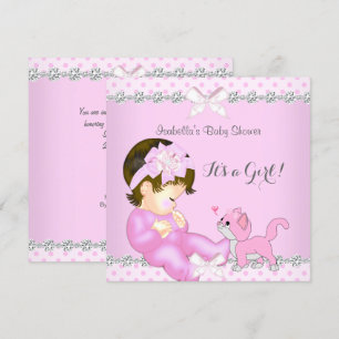 Invitation Jolie Fille Cadeau Baby Shower Rose Kitten Points 