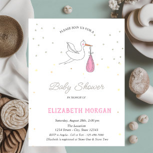 Invitation Jolie fille cigogne étoile une baby shower