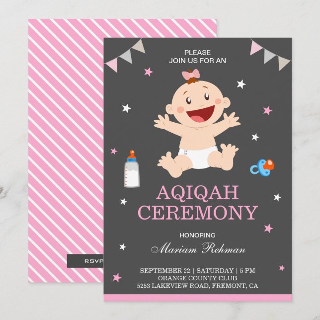 Invitation Jolie fille de bébé rose joyeux Aqiqah (Devant / Derrière)