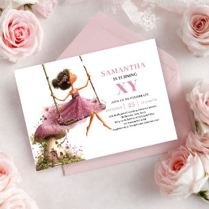 Invitation jolie fille fée anniversaire rose poudr