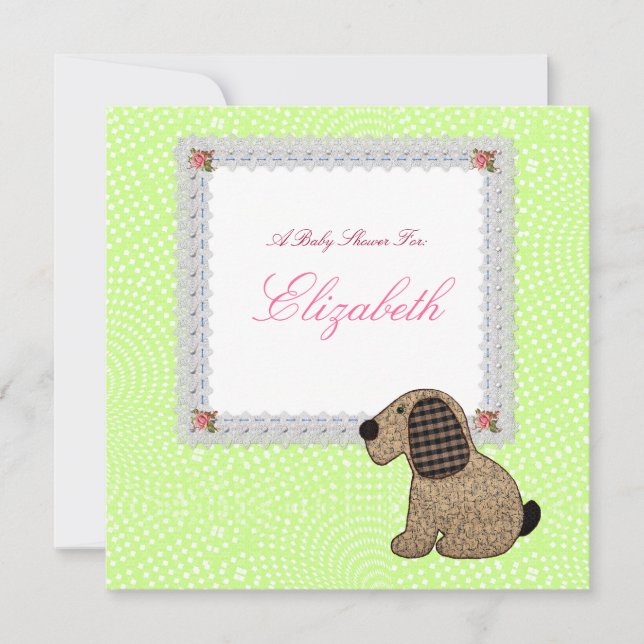 Invitation Jolie fille féminine En vichy Baby shower chien (Devant)