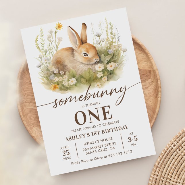 Invitation Jolie Fille Lapin Florale Première fête d'annivers (Créateur téléchargé)