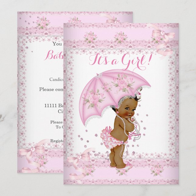 Invitation Jolie Fille Rose Baby Shower Fleur Parapluie EAA (Devant / Derrière)