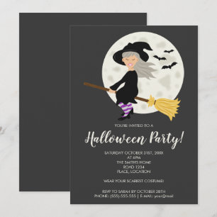 Invitation Jolie Fille Sorcière Volant Sur Un Balai Fête Hall