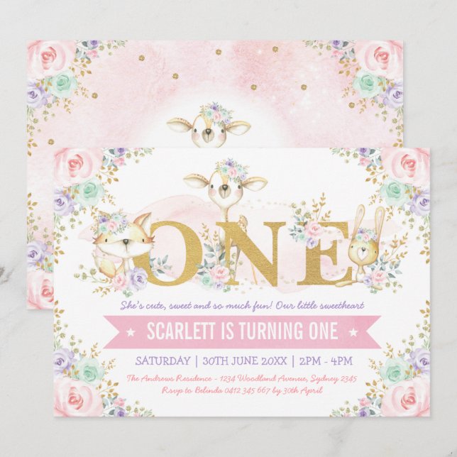 Invitation Jolie fille Woodland Animaux 1er anniversaire (Devant / Derrière)