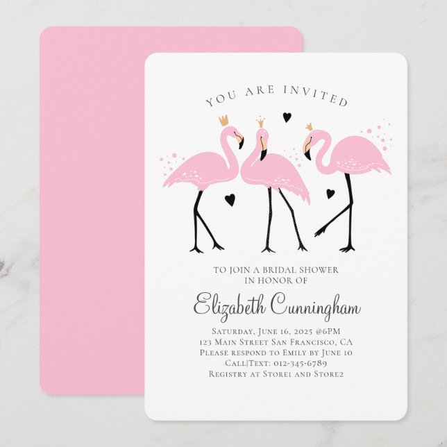 Invitation Jolie Flamant rose princesse Fête de l'mariée (Devant / Derrière)