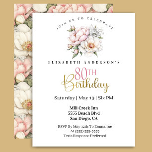Invitation Jolie Fleur de Pivoine Rose Pâle 80ème Anniversair