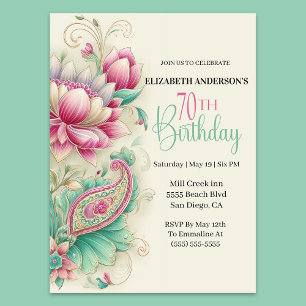 Invitation Jolie Fleur Paisley Élégante 70ème Anniversaire