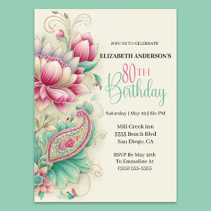 Invitation Jolie Fleur Paisley Élégante 80ème Anniversaire