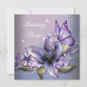 Invitation Jolie Fleur Papillon Rose Violet Anniversaire