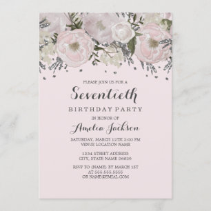 Invitation Jolie Fleur Rose Argent 70e Anniversaire