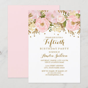 Invitation Jolie Fleur Rose Pâle Or 50e Anniversaire