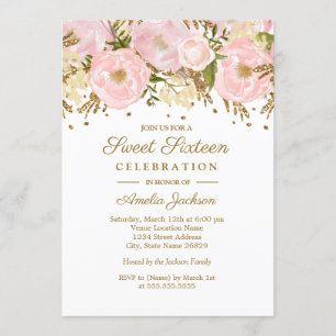 Invitation Jolie Fleur Rose Pâle Or Douze Ans