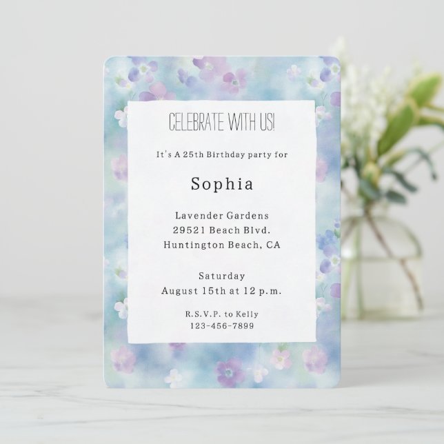 Invitation Jolie Fleurs Blanches Violettes Anniversaire (Debout devant)
