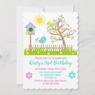 Invitation Jolie Fleurs d'arbre d'été Oiseaux Fête d'annivers