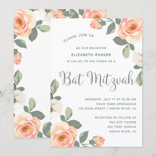 Invitation Jolie florale de pêche  Bat mitzvah
