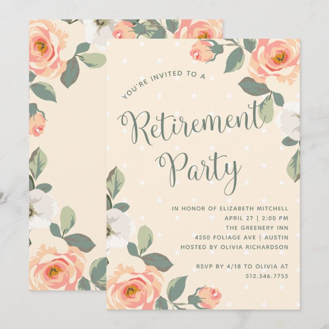 Invitation Jolie florale de pêche| Parti de la retraite (Devant / Derrière)