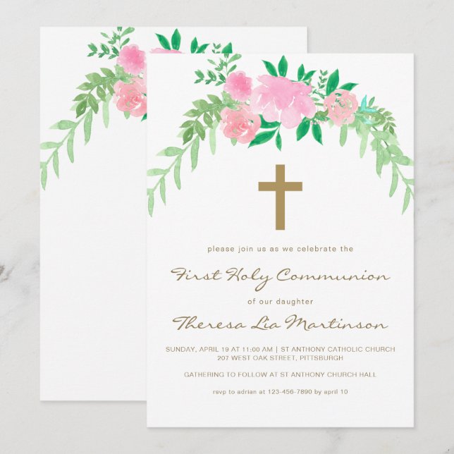 Invitation Jolie florale rose avec la Croix première sainte c (Devant / Derrière)