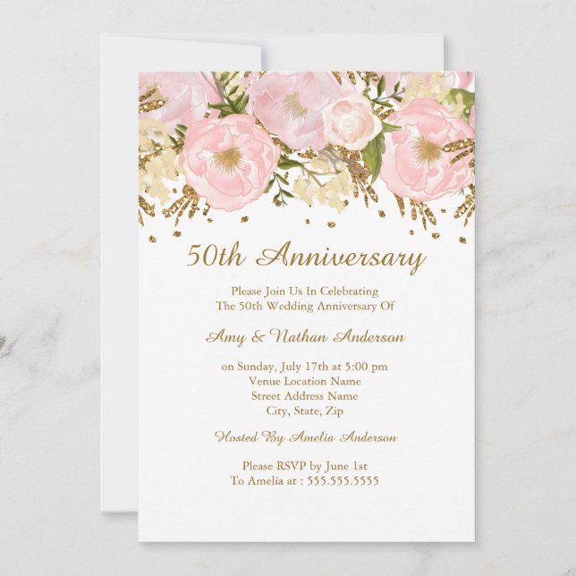 Invitation Jolie Florale Rose Pâle Doré 50e Anniversaire (Devant)