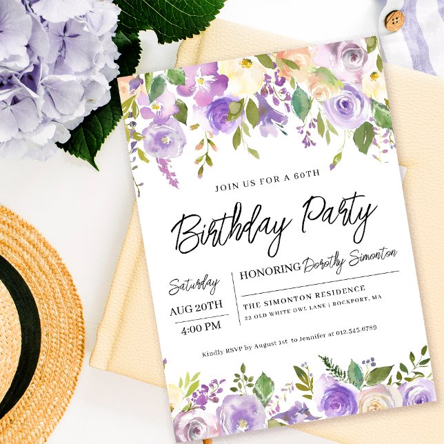 Invitation Jolie florale violette 60e fête d'anniversaire (Matching party supplies, welcome signs and decor available. Message me for help finding an item. )