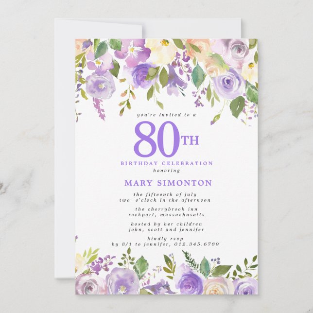 Invitation Jolie florale violette 80e fête d'anniversaire (Devant)
