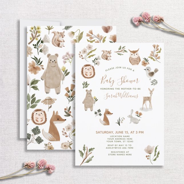 Invitation Jolie forêt Animaux Script Baby shower Boho (Créateur téléchargé)