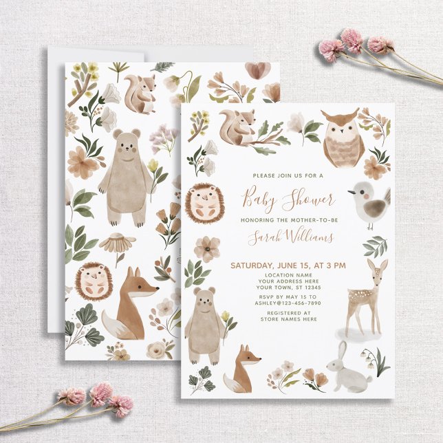 Invitation Jolie forêt Animaux Script Baby shower Boho Brown (Créateur téléchargé)