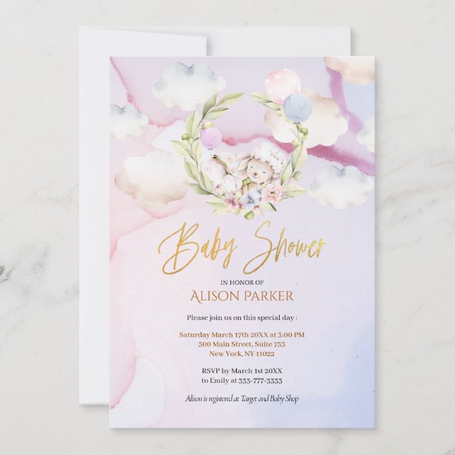 Invitation Jolie forêt de bois lapin Ciel rose | BABY SHOWER (Devant)