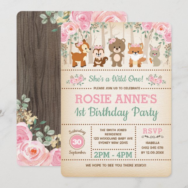 Invitation Jolie forêt rose Roses Wild Un 1er anniversaire (Devant / Derrière)