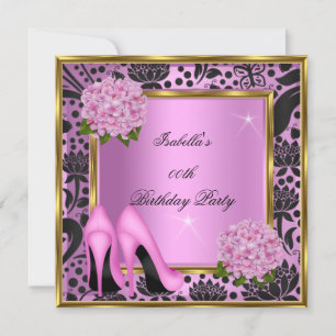 Invitation Jolie Hydrangea Rose Floral Damassé Noir Anniversa