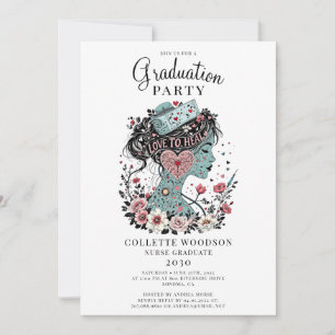 Invitation Jolie infirmière illustrée graduation florale