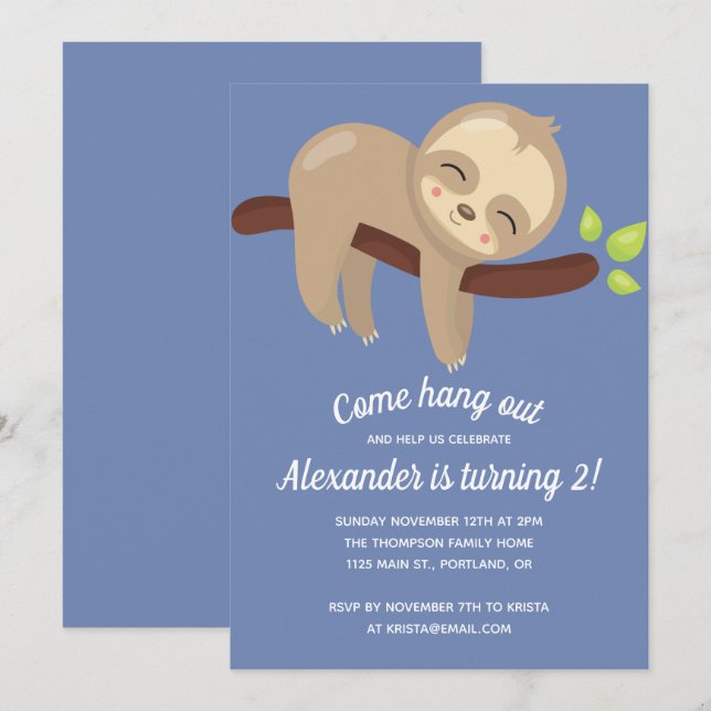Invitation Jolie Kawaii Sloth sur l'arbre Illustration Blue B (Devant / Derrière)
